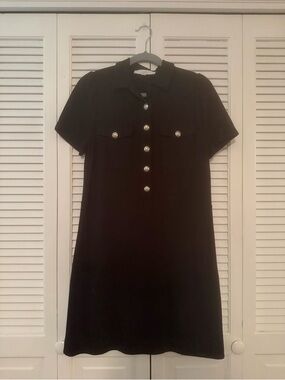 LOFT Black Polo Mini Dress with Pearl-Style Buttons